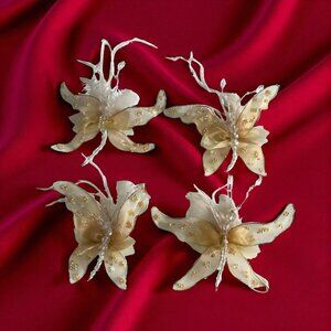 Set of 4 Sheer Gold Butterfly Hanging Ornaments with Beads and Feathers